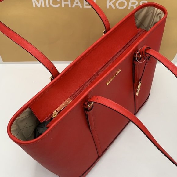 MICHAEL KORS JET SET TRAVEL LARGE TOP ZIP SHOULDER TOTE FLAME